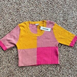 Garage Cropped Colorblock Pink and Yellow Sweater